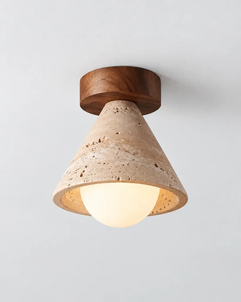 Deckenlampe JUNO, Travertin-Kegel mit Opalglaskugel und Nussbaumbaldachin – Travertin, Produktfoto