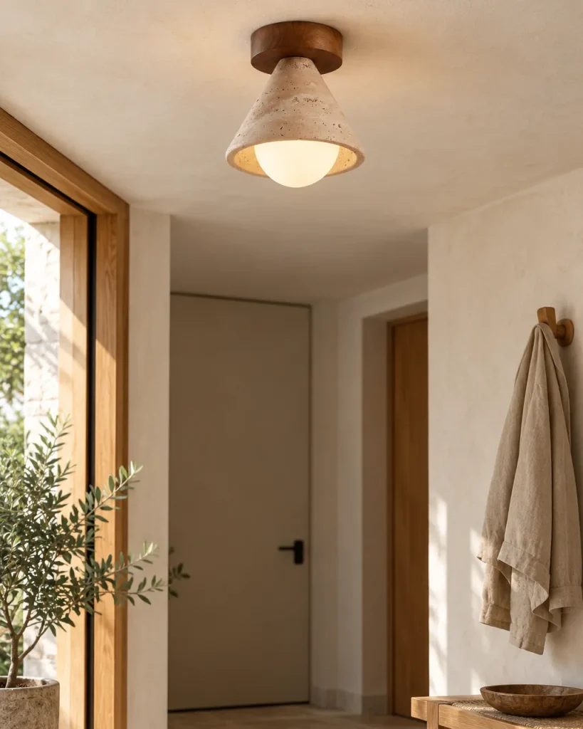 Deckenlampe JUNO, Travertin-Kegel mit Opalglaskugel und Nussbaumbaldachin – im hellen Eingangsbereich, Tageslicht