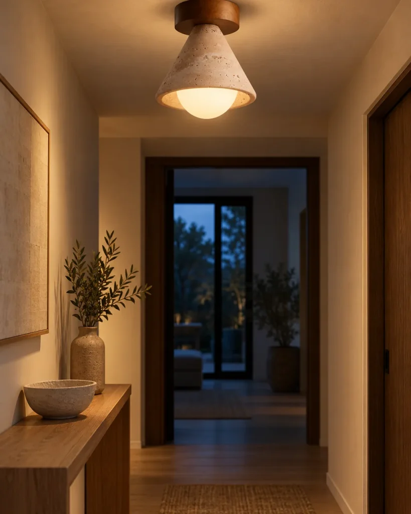Deckenlampe JUNO, Travertin-Kegel mit Opalglaskugel und Nussbaumbaldachin – im Flur über einer Holzkonsole, Abendlicht