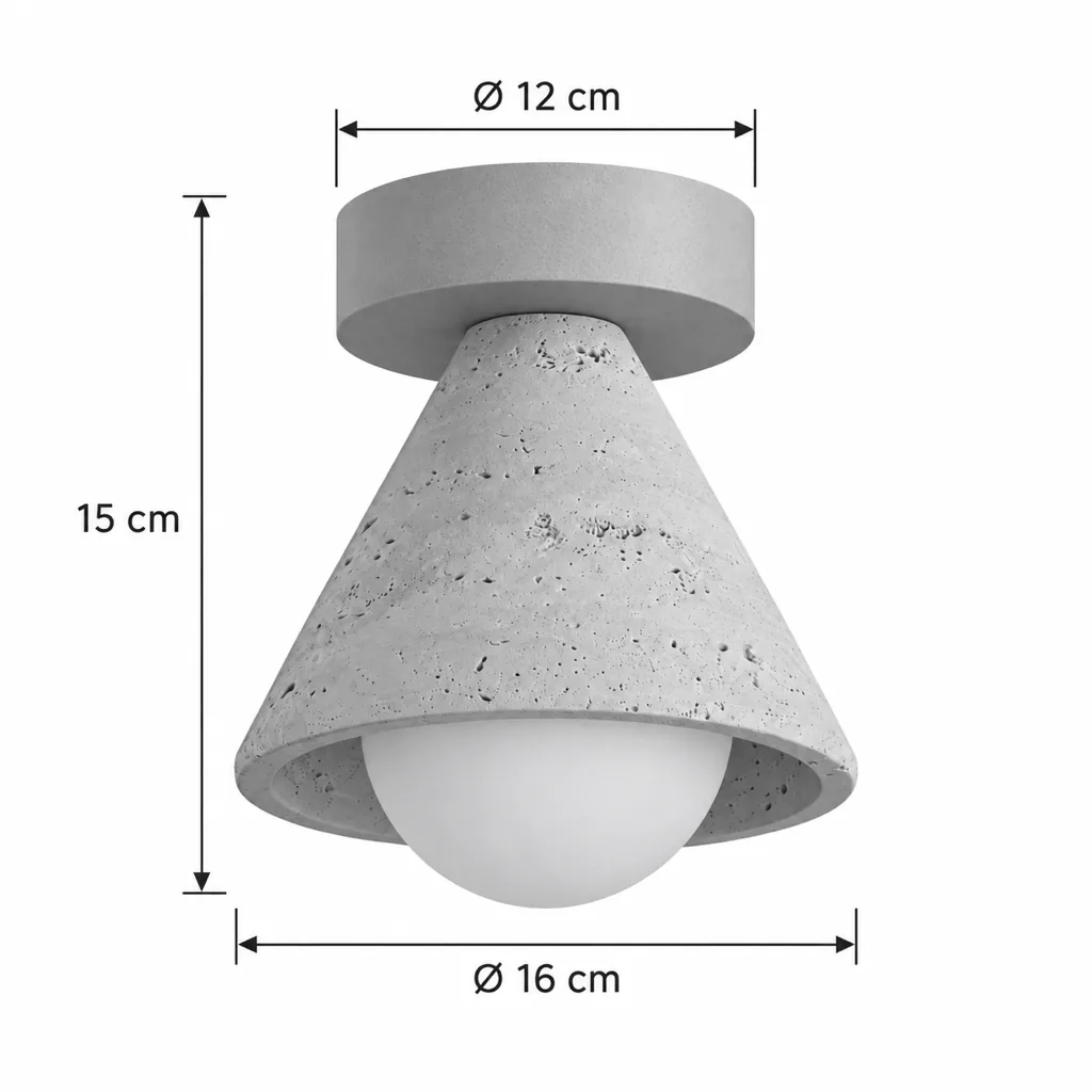 Deckenlampe JUNO, Travertin-Kegel mit Opalglaskugel und Nussbaumbaldachin – Masszeichnung Ø 16 cm, Höhe 15 cm, Baldachin Ø 12 cm