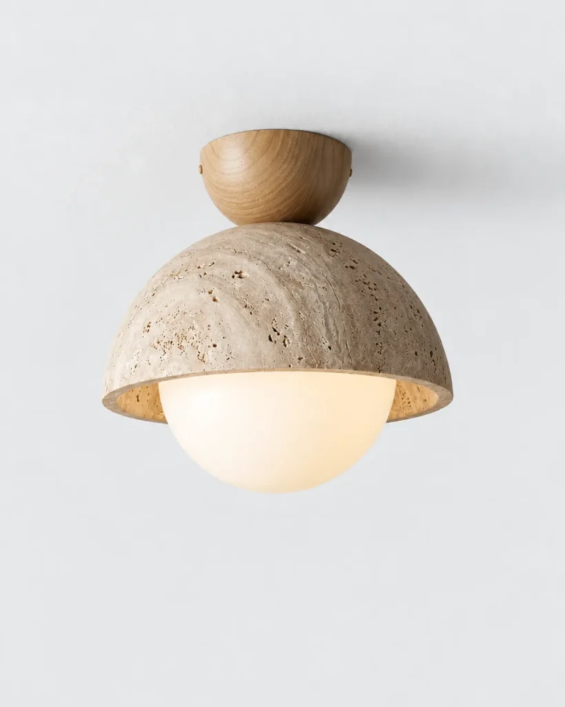 Deckenlampe TILO, Travertinkuppel mit Opalglaskugel – Ø 15 cm, Helles Holz, Produktfoto