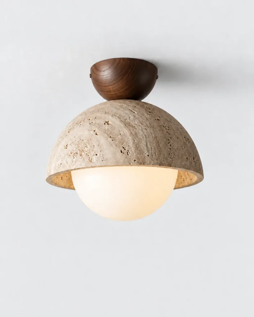 Deckenlampe TILO, Travertinkuppel mit Opalglaskugel – Ø 15 cm, Dunkles Holz, Produktfoto
