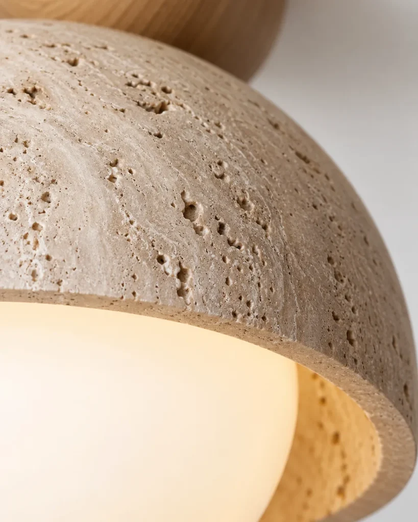 Deckenlampe TILO, Travertinkuppel mit Opalglaskugel – Detailansicht der Travertinporen und der Opalglaskugel