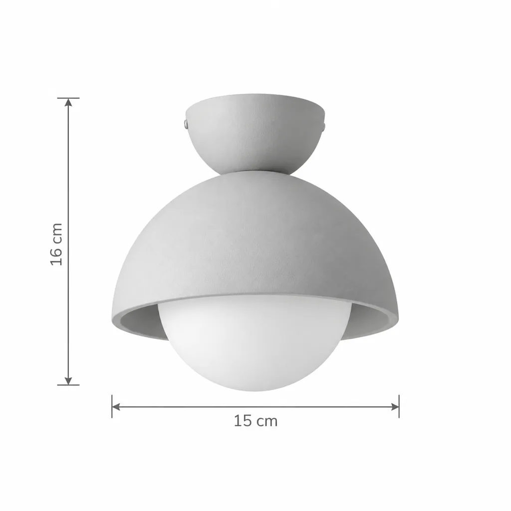 Deckenlampe TILO, Travertinkuppel mit Opalglaskugel – Masszeichnung Ø 15 cm, Höhe 16 cm