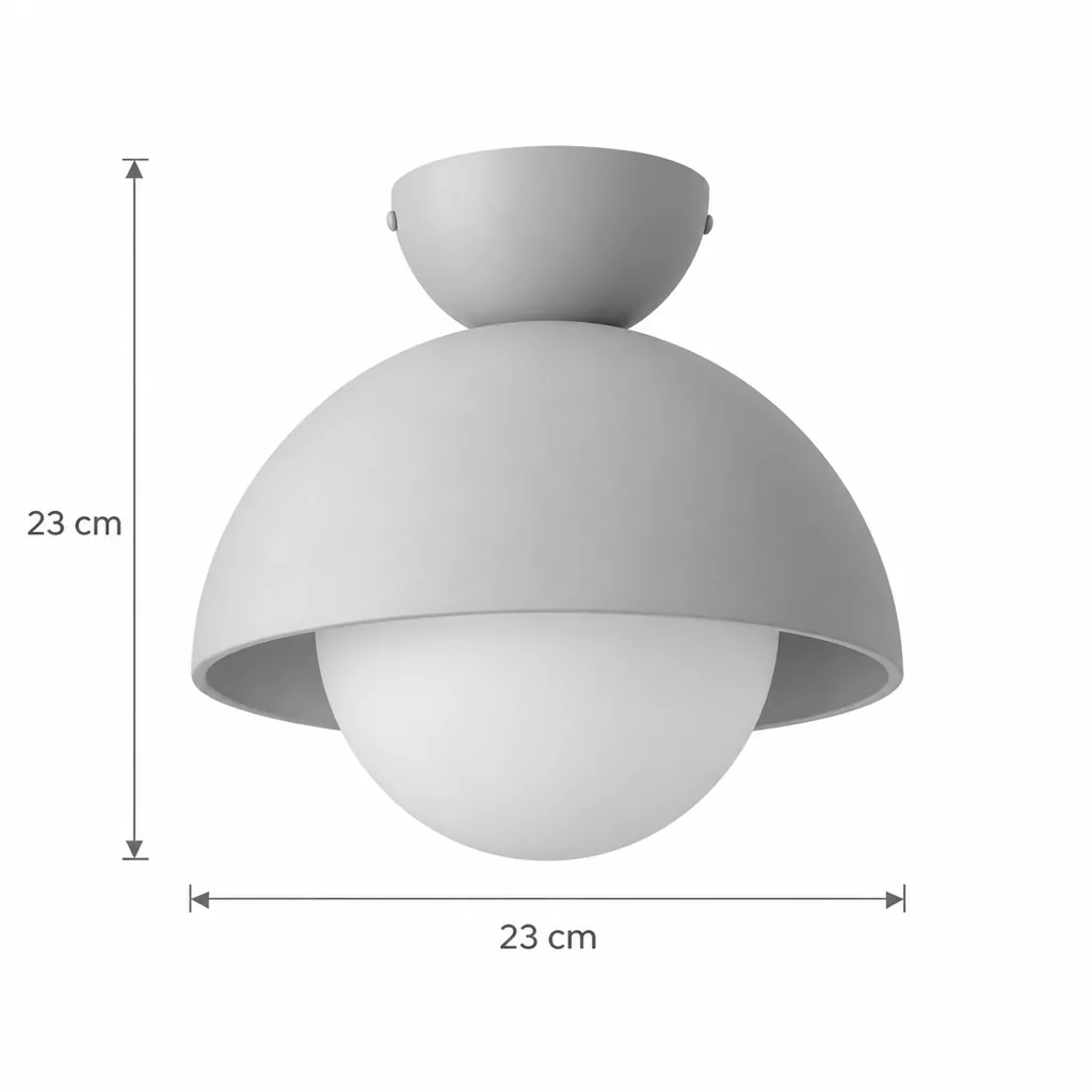 Deckenlampe TILO, Travertinkuppel mit Opalglaskugel – Masszeichnung Ø 23 cm, Höhe 23 cm