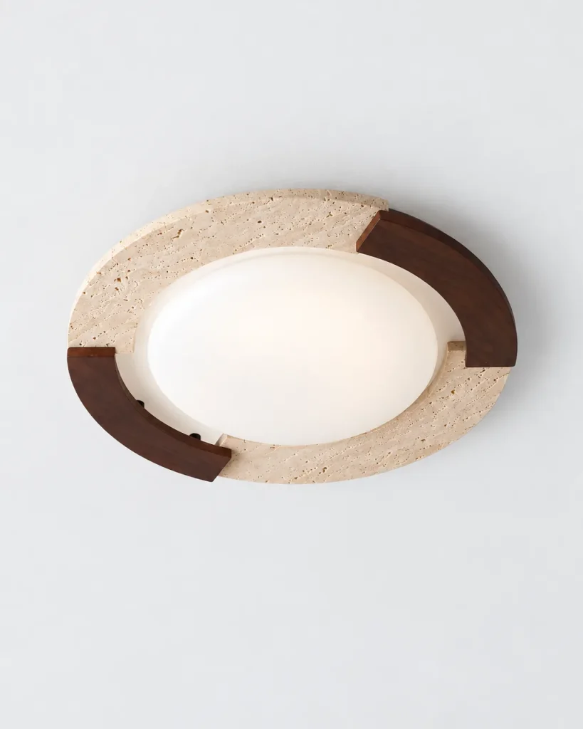 Deckenlampe FELO, Travertin mit Nussbaumbögen, rund oder eckig – Modell Rund, Produktfoto, eingeschaltet