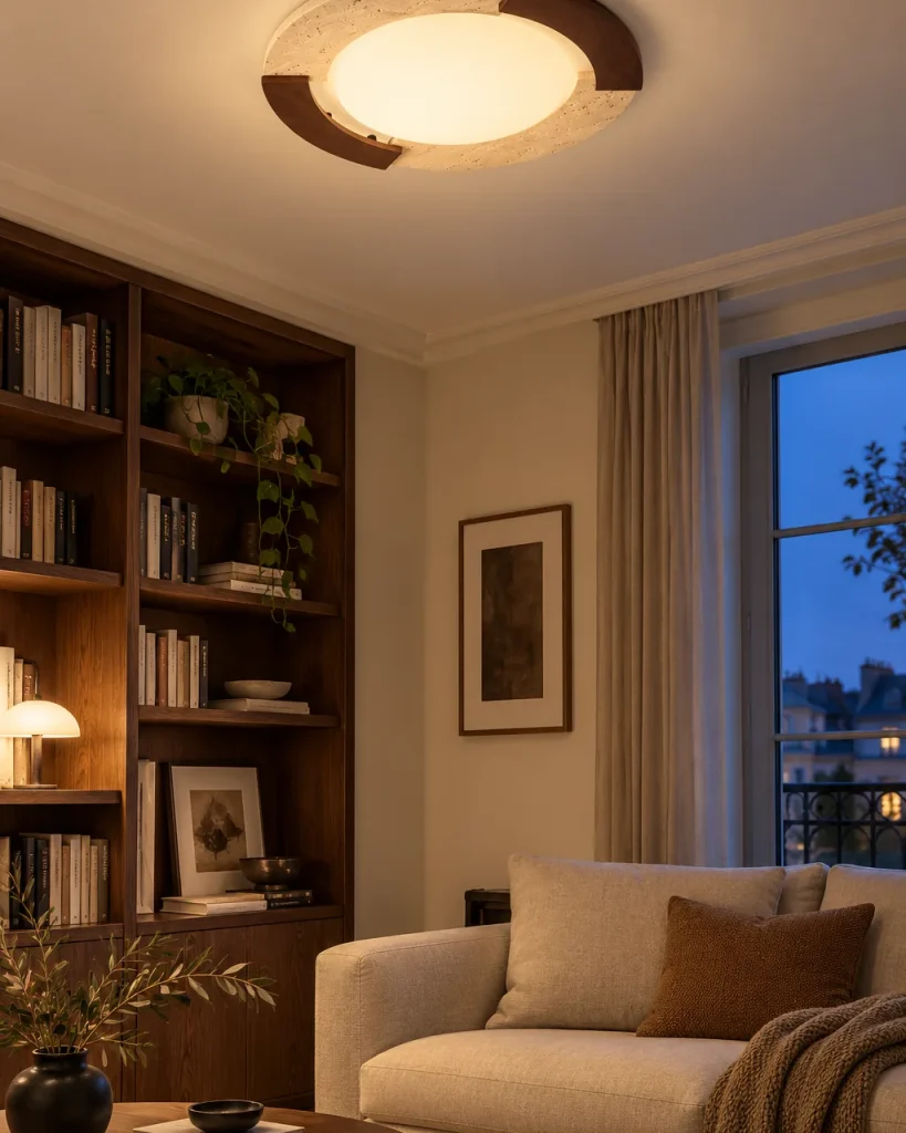 Deckenlampe FELO, Travertin mit Nussbaumbögen, rund oder eckig – im Wohnzimmer über dem Sofa vor dem Bücherregal, Abendlicht