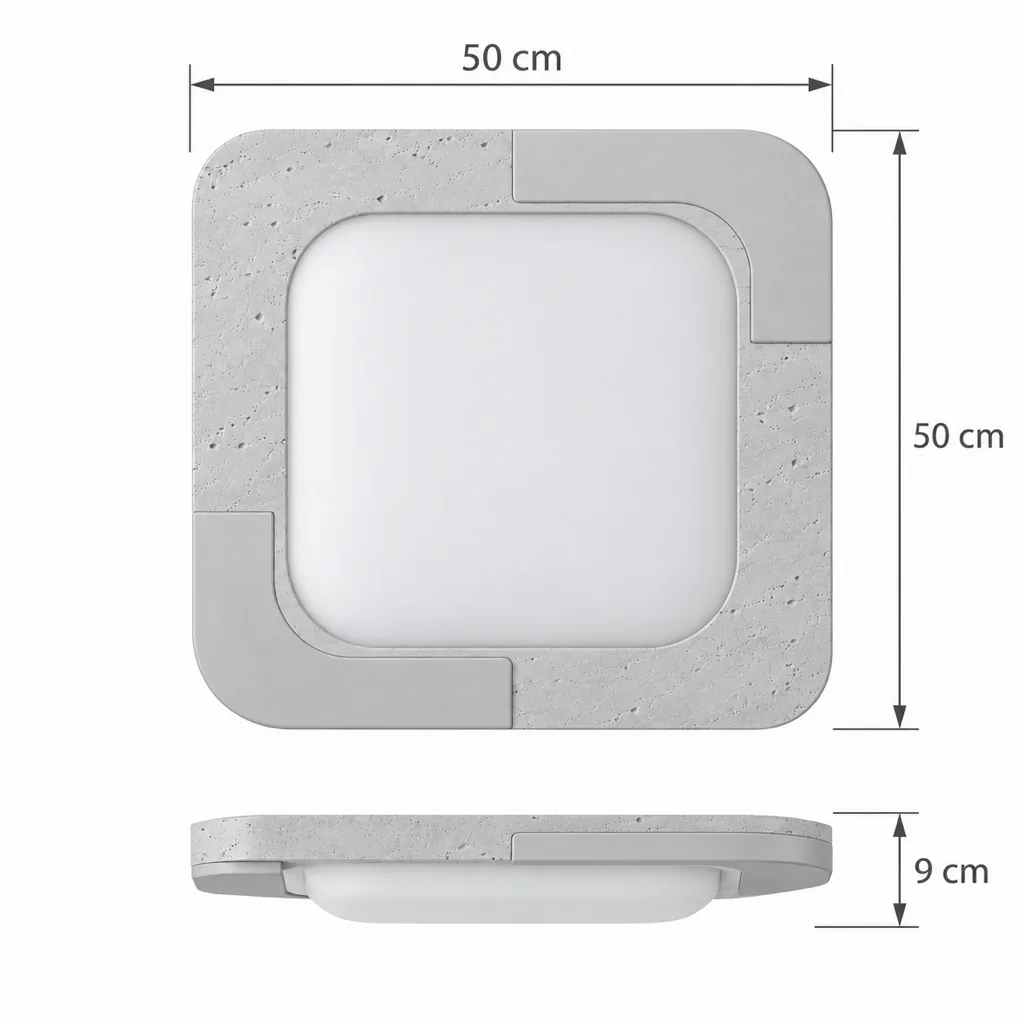 Deckenlampe FELO, Travertin mit Nussbaumbögen, rund oder eckig – Masszeichnung Modell Quadratisch, 50 × 50 cm, Höhe 9 cm