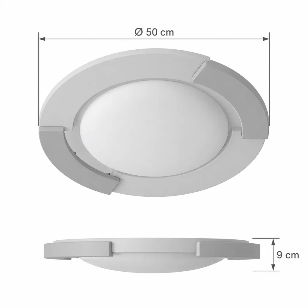 Deckenlampe FELO, Travertin mit Nussbaumbögen, rund oder eckig – Masszeichnung Modell Rund, Ø 50 cm, Höhe 9 cm