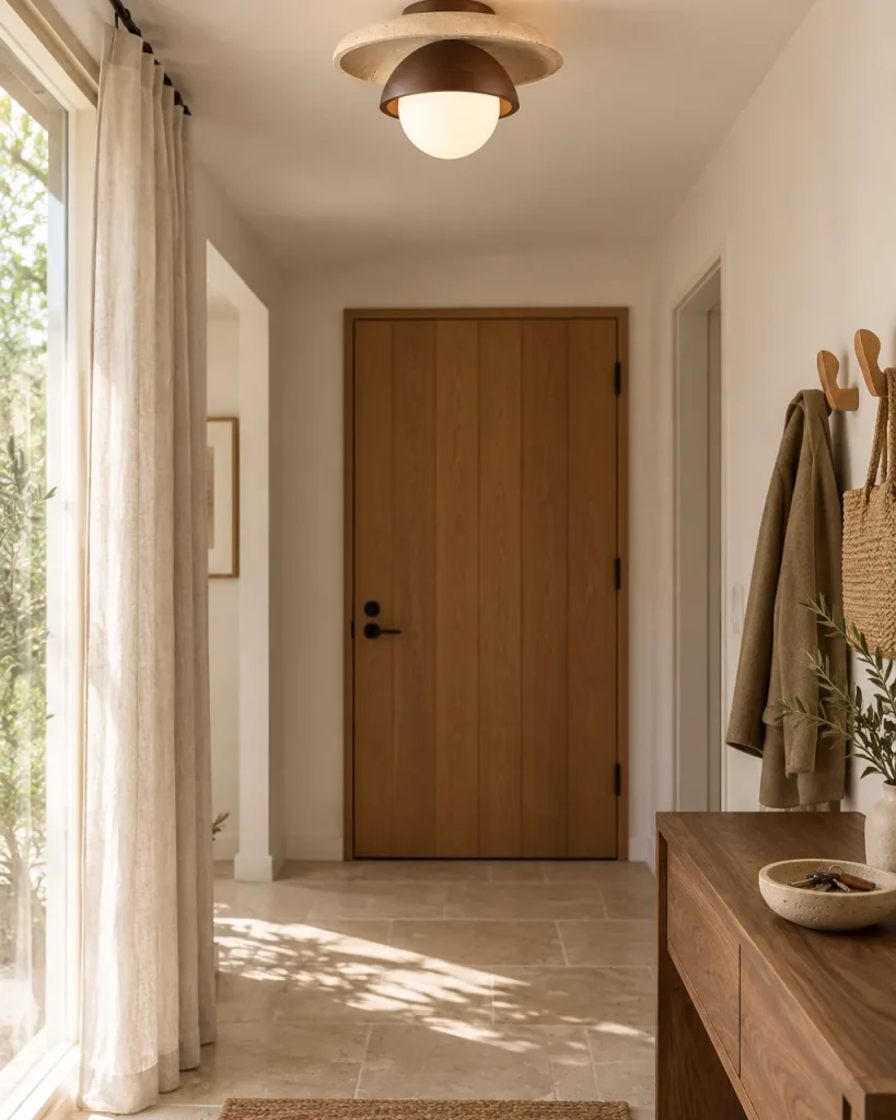 Deckenlampe BAYA, Travertinschale, Holzkuppel und Opalglas – im Eingangsbereich mit Garderobe und Holztür, Tageslicht