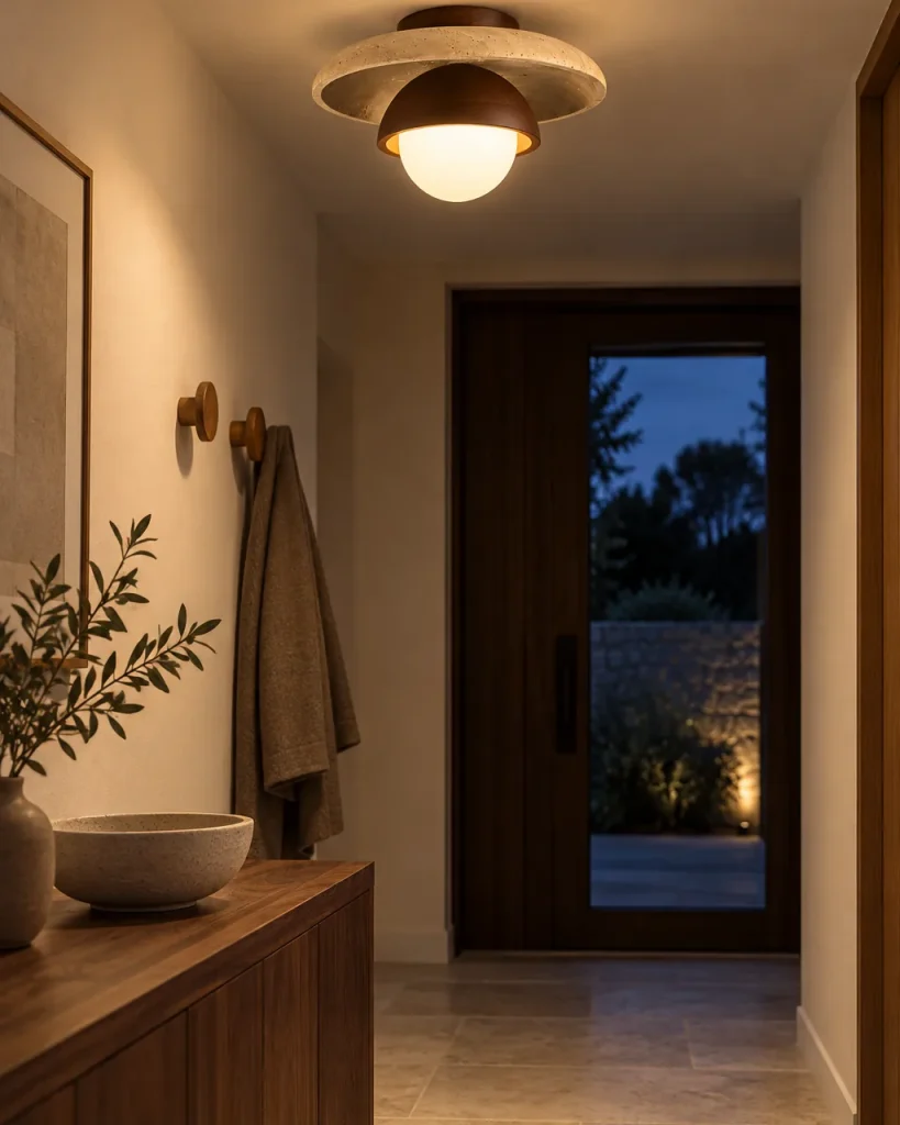 Deckenlampe BAYA, Travertinschale, Holzkuppel und Opalglas – im Eingangsbereich über einer Nussbaumkommode, Abendlicht