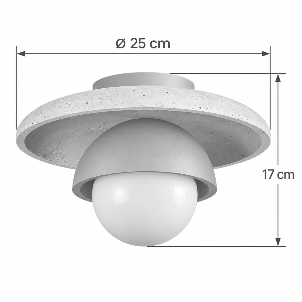 Deckenlampe BAYA, Travertinschale, Holzkuppel und Opalglas – Masszeichnung Ø 25 cm, Höhe 17 cm