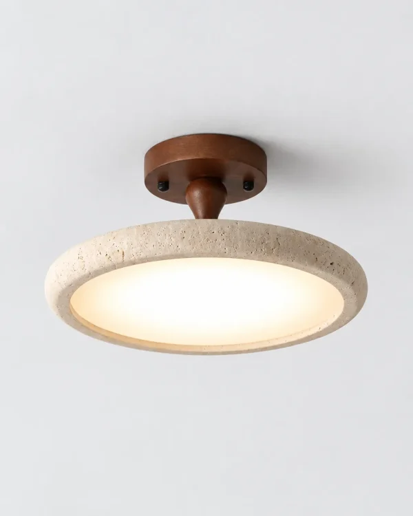 Deckenlampe: LED-Scheibe mit Travertinring und Nussbaumbaldachin – LIVIA