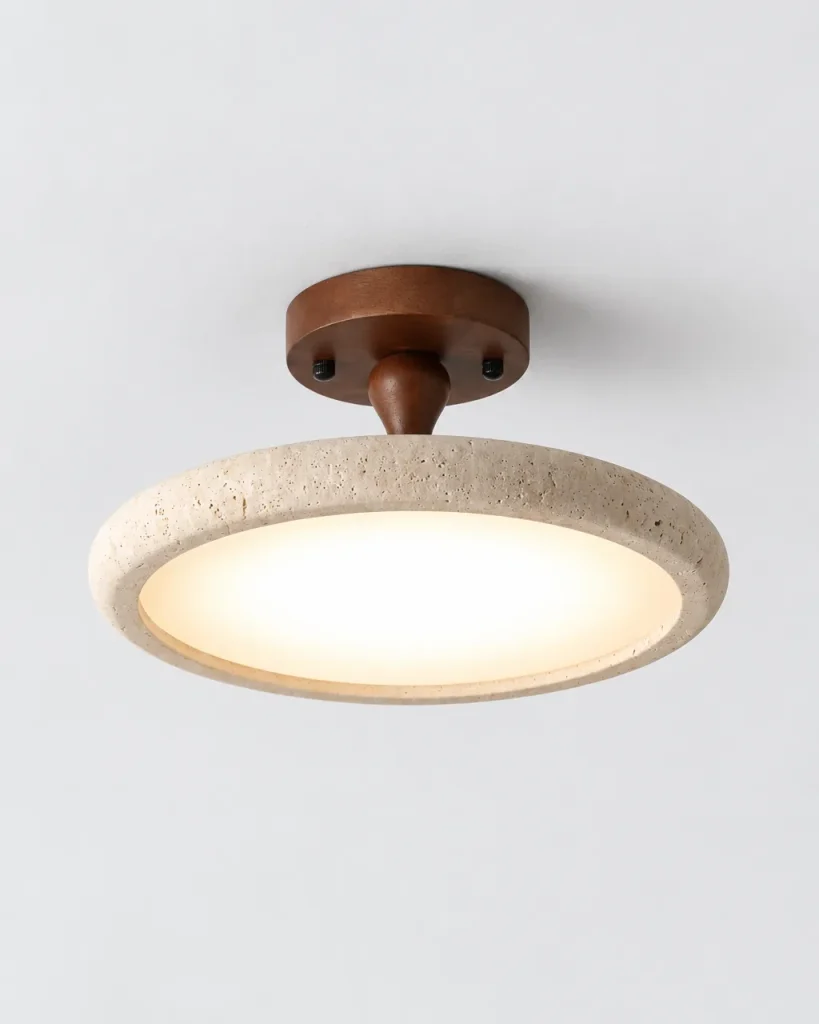Deckenlampe LIVIA, LED-Scheibe mit Travertinring und Nussbaumbaldachin – Ø 30 cm, Produktfoto
