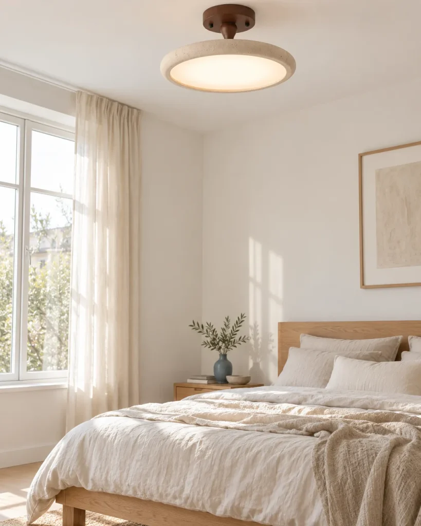 Deckenlampe LIVIA, LED-Scheibe mit Travertinring und Nussbaumbaldachin – im Schlafzimmer mit Eiche und Leinen, Tageslicht