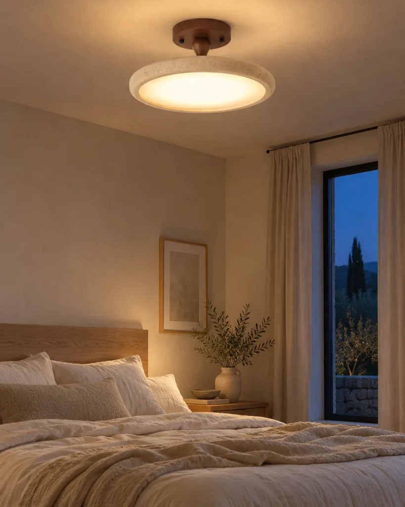 Deckenlampe LIVIA, LED-Scheibe mit Travertinring und Nussbaumbaldachin – im Schlafzimmer mit Eiche und Leinen, Abendlicht