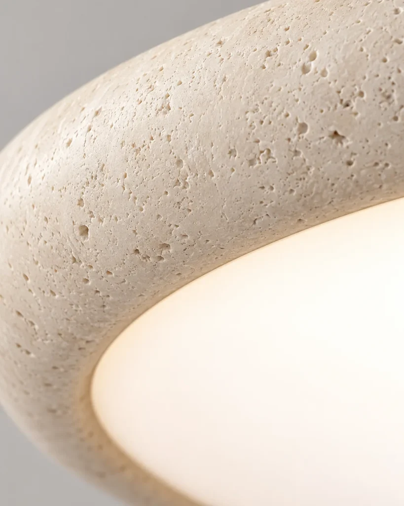 Deckenlampe LIVIA, LED-Scheibe mit Travertinring und Nussbaumbaldachin – Detailansicht des Travertinrings und des leuchtenden Acryldiffusors