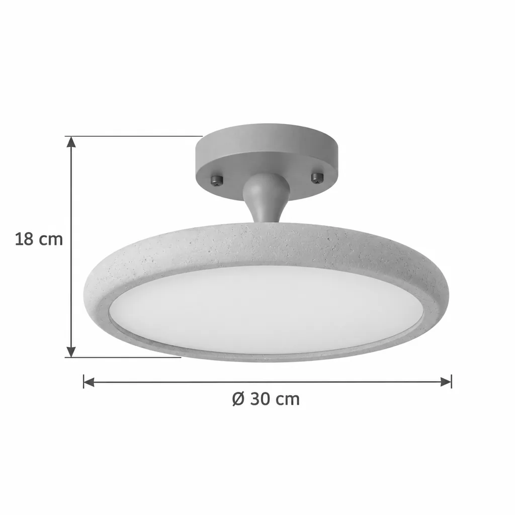 Deckenlampe LIVIA, LED-Scheibe mit Travertinring und Nussbaumbaldachin – Masszeichnung Ø 30 cm, Höhe 18 cm