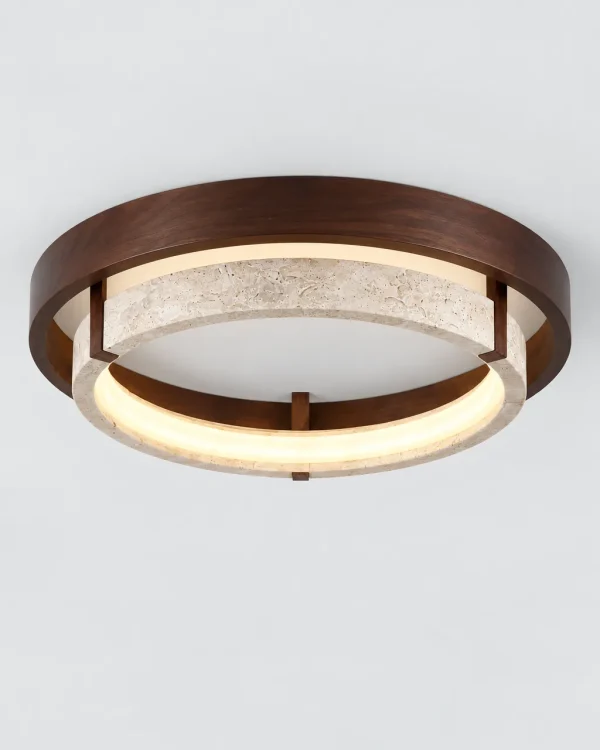 Deckenlampe: Doppelring aus Travertin und Nussbaumholz mit LED – NOMI