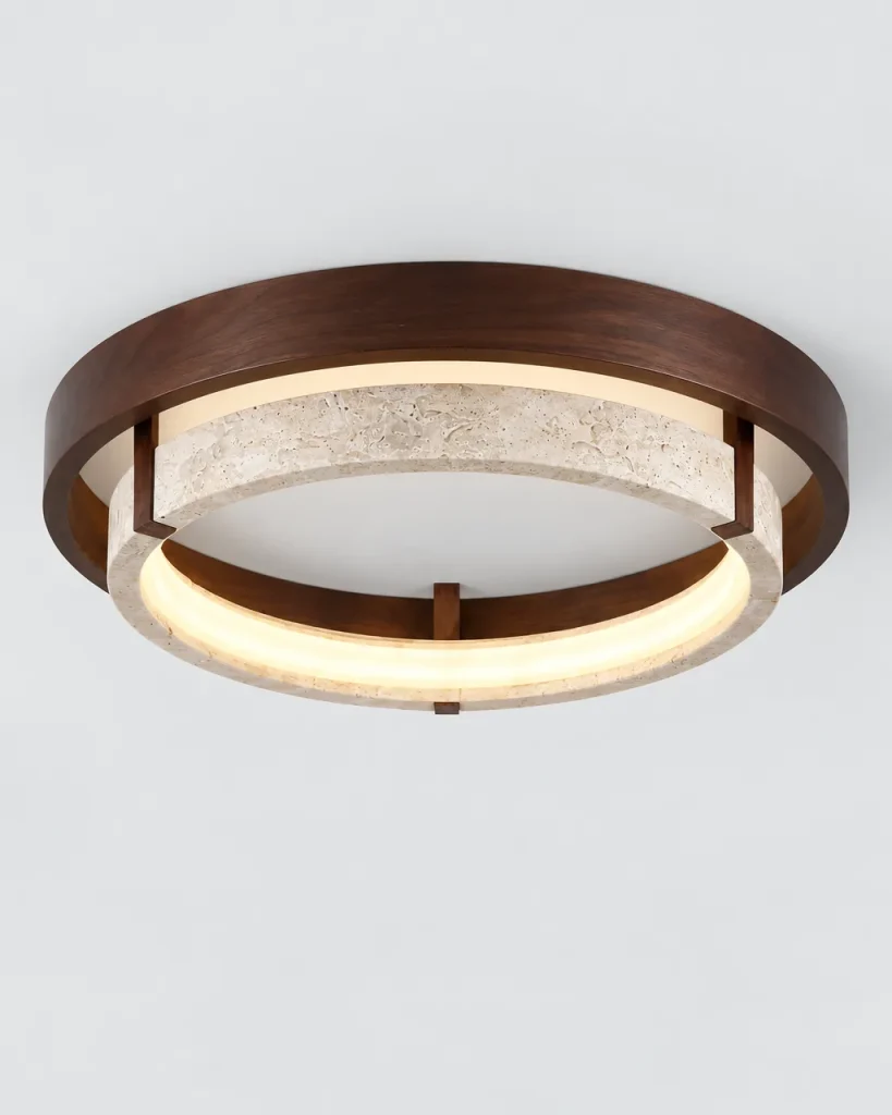 Deckenlampe NOMI, Doppelring aus Travertin und Nussbaumholz mit LED – Ø 49 cm, Produktfoto