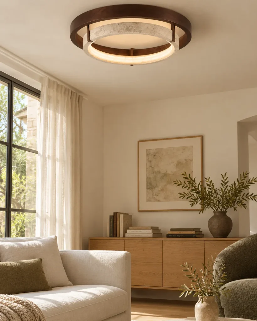 Deckenlampe NOMI, Doppelring aus Travertin und Nussbaumholz mit LED – im Wohnzimmer, Tageslicht