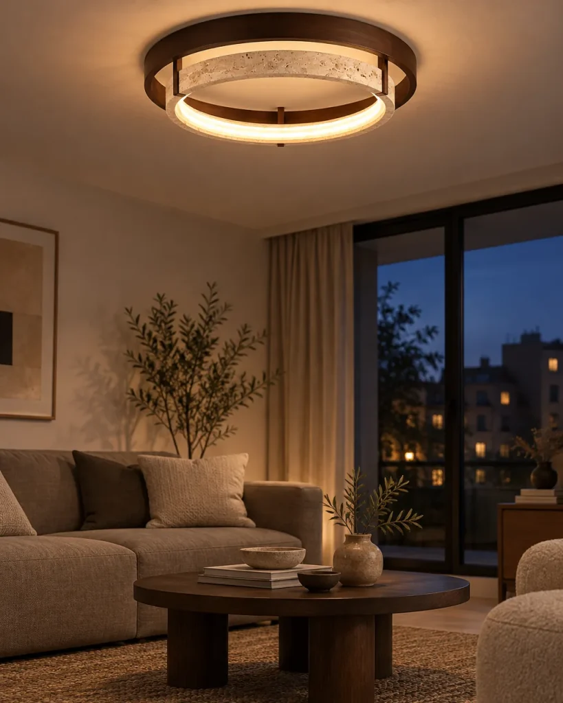 Deckenlampe NOMI, Doppelring aus Travertin und Nussbaumholz mit LED – im Wohnzimmer, Abendlicht