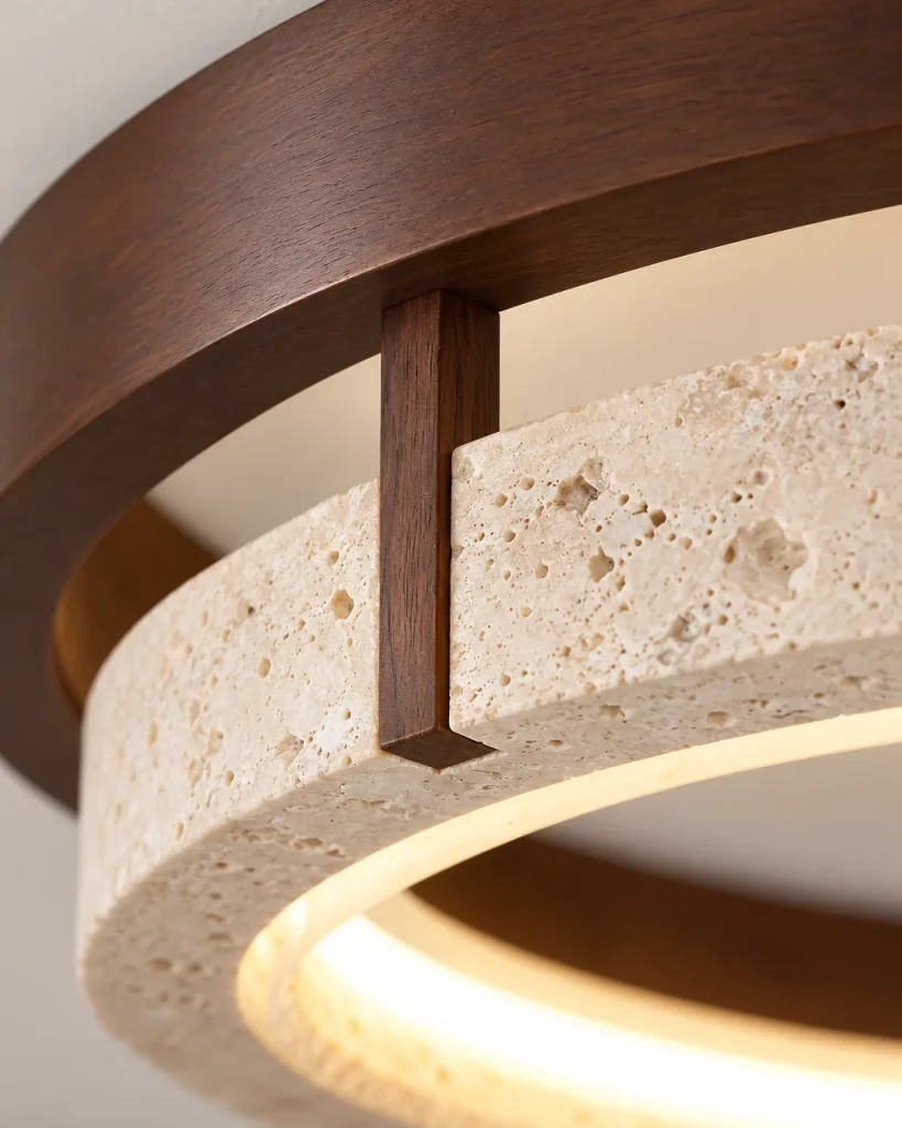 Deckenlampe NOMI, Doppelring aus Travertin und Nussbaumholz mit LED – Detailansicht des Travertinrings, des Nussbaumrings und des Lichtbands