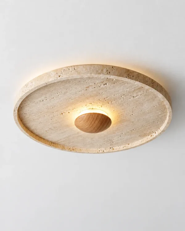 Deckenlampe: Travertin-Scheibe mit Holzkuppel, LED – XYLA