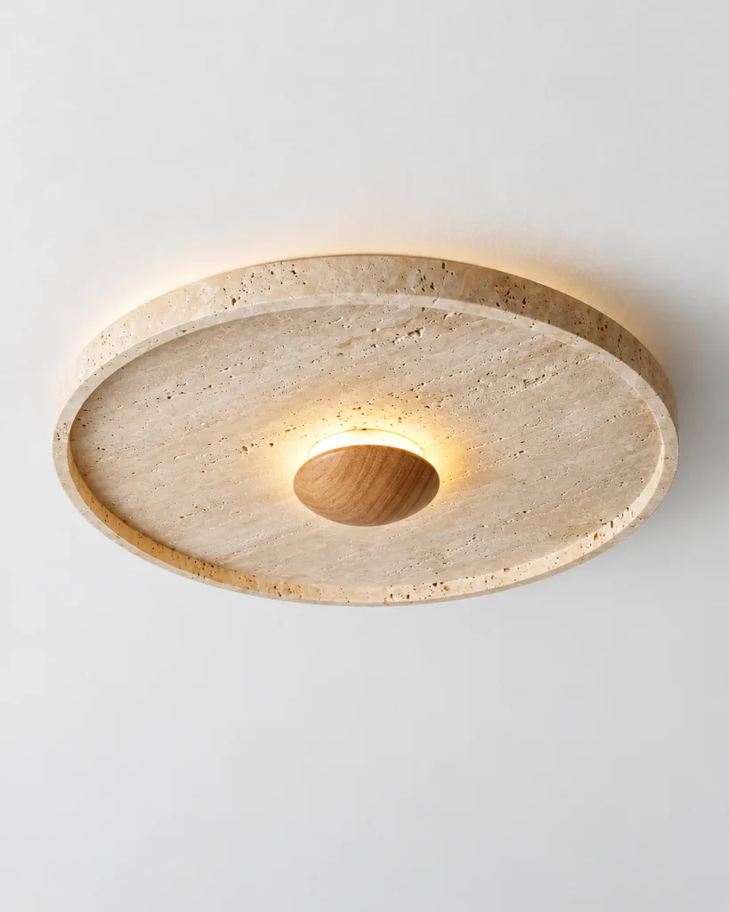 Deckenlampe XYLA, Travertin-Scheibe mit Holzkuppel, LED – Travertin, Produktfoto