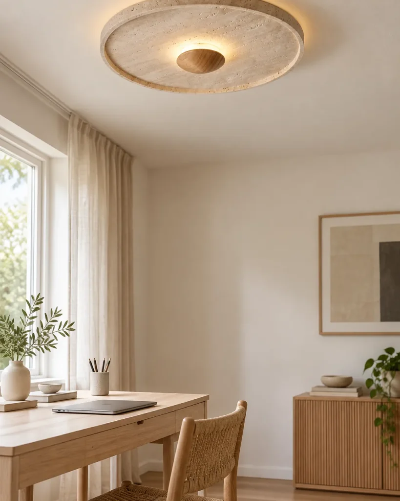 Deckenlampe XYLA, Travertin-Scheibe mit Holzkuppel, LED – im hellen Arbeitszimmer mit Holzschreibtisch, Tageslicht