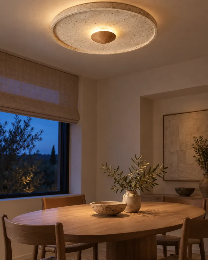 Deckenlampe XYLA, Travertin-Scheibe mit Holzkuppel, LED – über einem ovalen Esstisch aus Eiche, Abendlicht