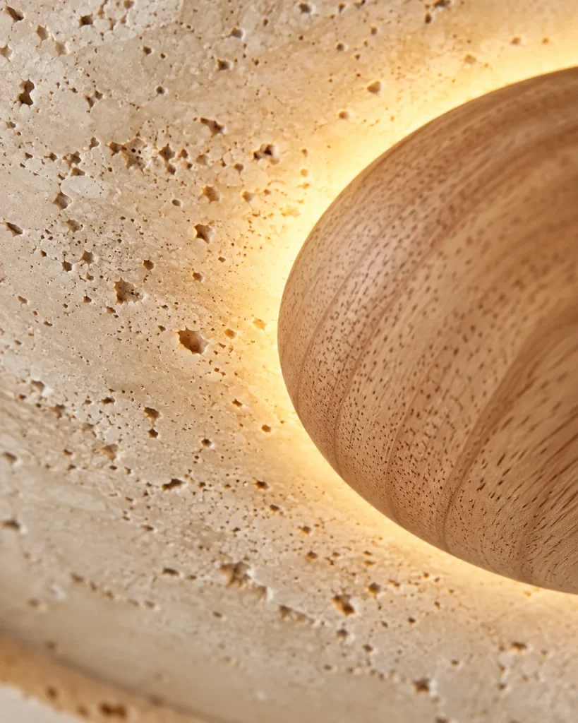 Deckenlampe XYLA, Travertin-Scheibe mit Holzkuppel, LED – Detailansicht der Holzkuppel, der Travertinporen und des warmen Lichthofs