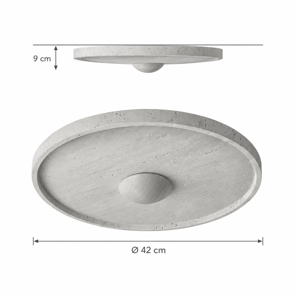 Deckenlampe XYLA, Travertin-Scheibe mit Holzkuppel, LED – Masszeichnung Ø 42 cm, Höhe 9 cm