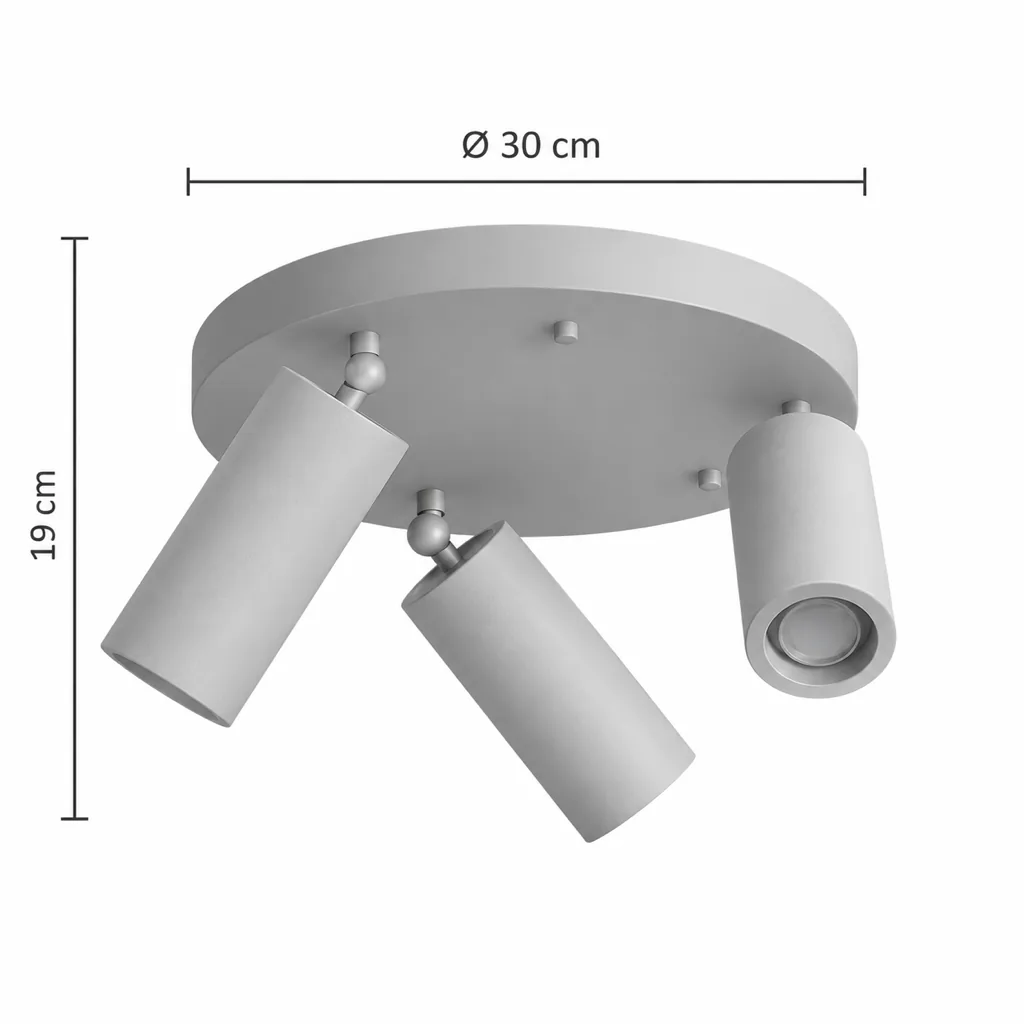 Plafoniera BORA, tre faretti in travertino su base rotonda in legno – disegno tecnico con misure Ø 30 cm, altezza 19 cm
