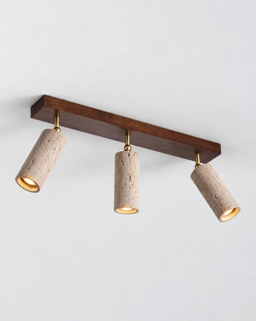 Deckenlampe BERA, Travertin-Spots auf Massivholzleiste – Dunkles Holz, Dreifach, Produktfoto
