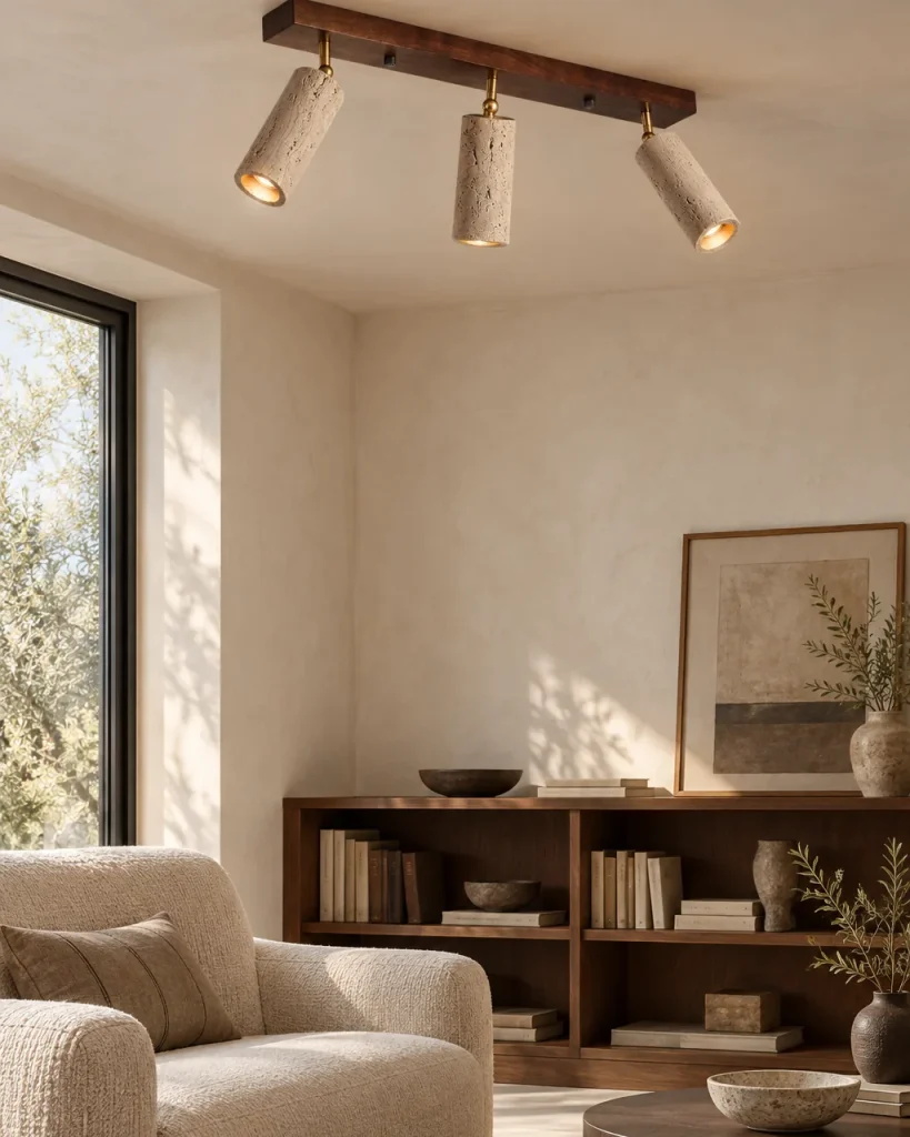 Deckenlampe BERA, Travertin-Spots auf Massivholzleiste – im Wohnzimmer über einer Leseecke vor dem Bücherregal, Tageslicht