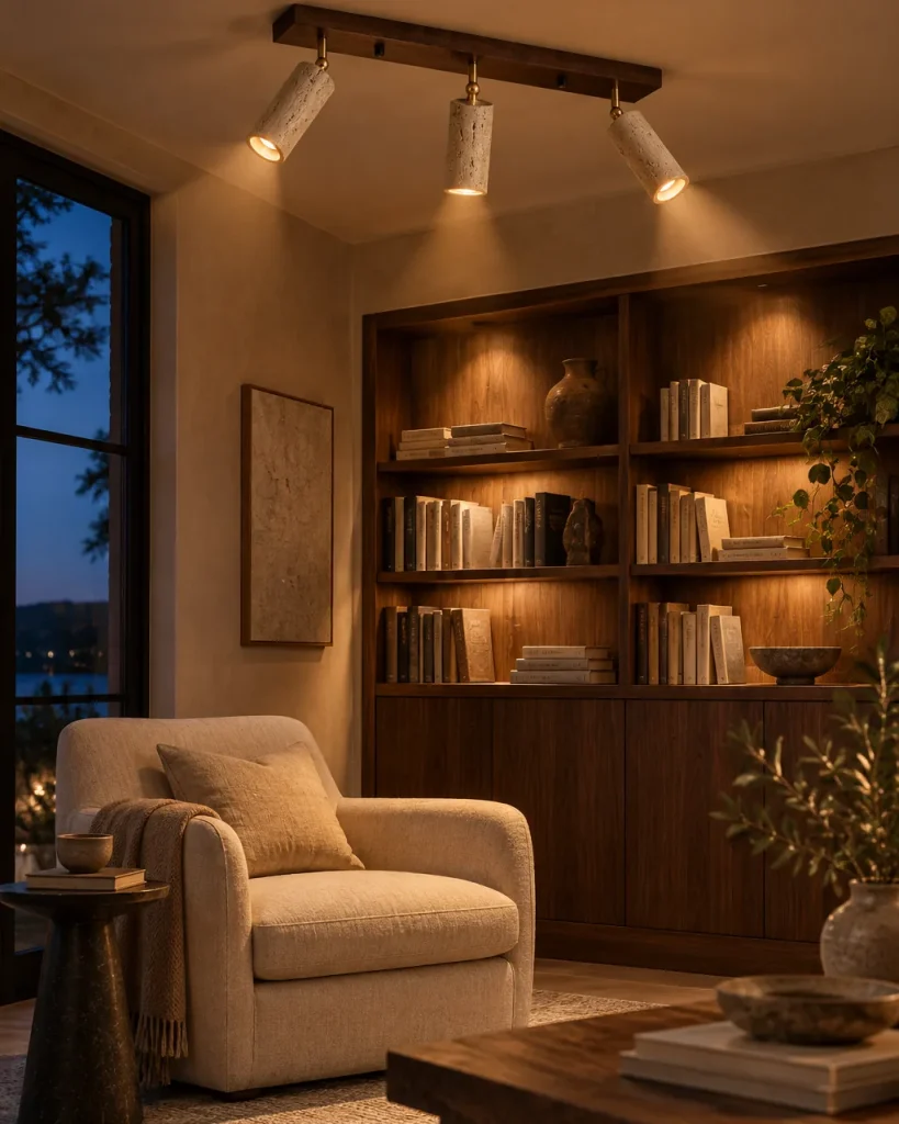 Deckenlampe BERA, Travertin-Spots auf Massivholzleiste – im Wohnzimmer über einer Leseecke vor dem Bücherregal, Abendlicht