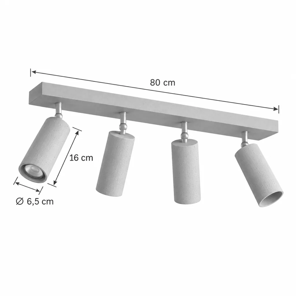 Deckenlampe BERA, Travertin-Spots auf Massivholzleiste – Masszeichnung Vierfach, Länge 80 cm, Spot 16 cm, Ø 6,5 cm