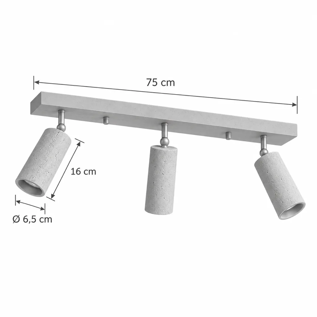 Deckenlampe BERA, Travertin-Spots auf Massivholzleiste – Masszeichnung Dreifach, Länge 75 cm, Spot 16 cm, Ø 6,5 cm