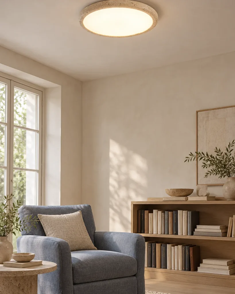 Deckenlampe ZELIA, Ultraflacher Travertin-Ring, LED, 3 Grössen – in der Leseecke im Wohnzimmer mit Sessel und Bücherregal, Tageslicht