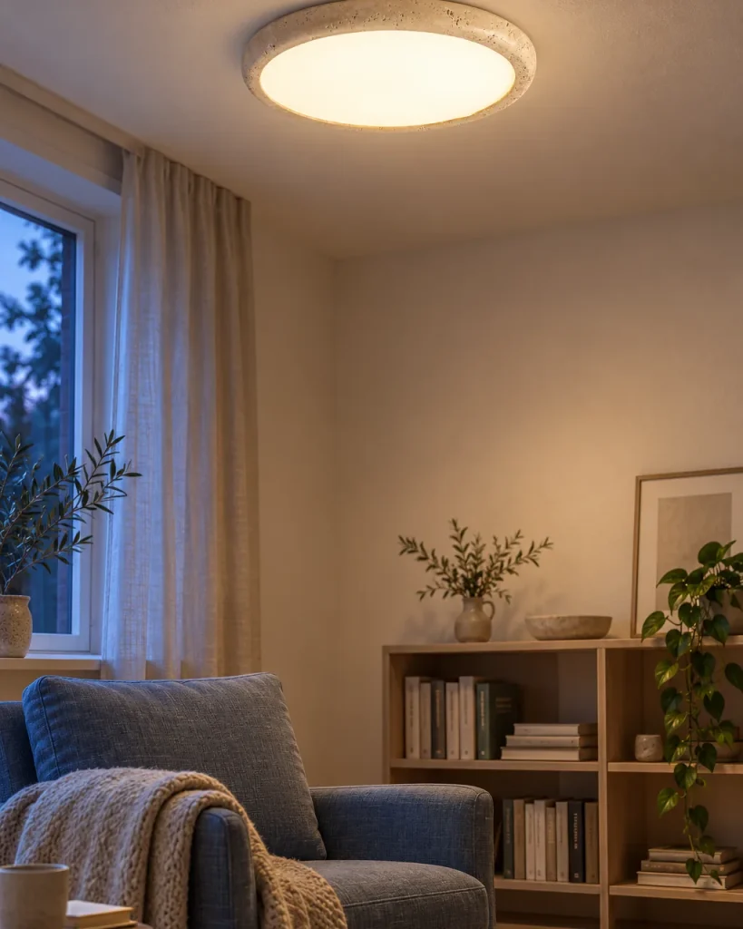 Deckenlampe ZELIA, Ultraflacher Travertin-Ring, LED, 3 Grössen – in der Leseecke im Wohnzimmer mit Sessel und Bücherregal, Abendlicht