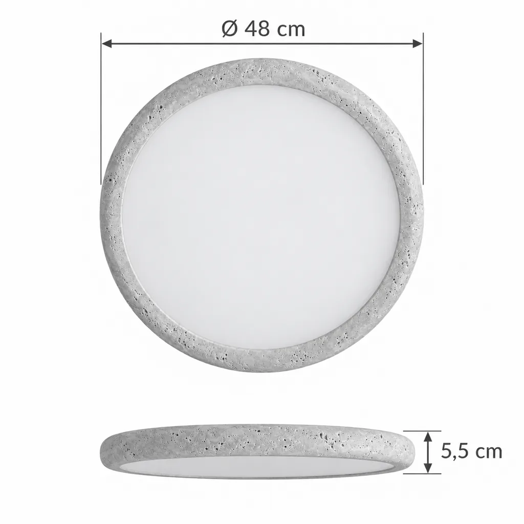 Deckenlampe ZELIA, Ultraflacher Travertin-Ring, LED, 3 Grössen – Masszeichnung Ø 48 cm, Höhe 5,5 cm