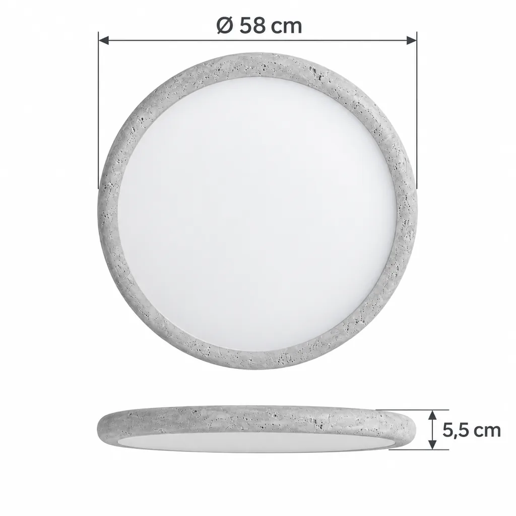 Deckenlampe ZELIA, Ultraflacher Travertin-Ring, LED, 3 Grössen – Masszeichnung Ø 58 cm, Höhe 5,5 cm