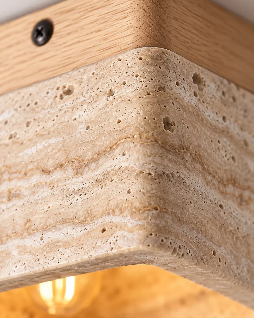 Deckenlampe RUDO, kompakter Travertin-Würfel auf Holzsockel – Detailansicht der Travertinschichtung und des Holzsockels