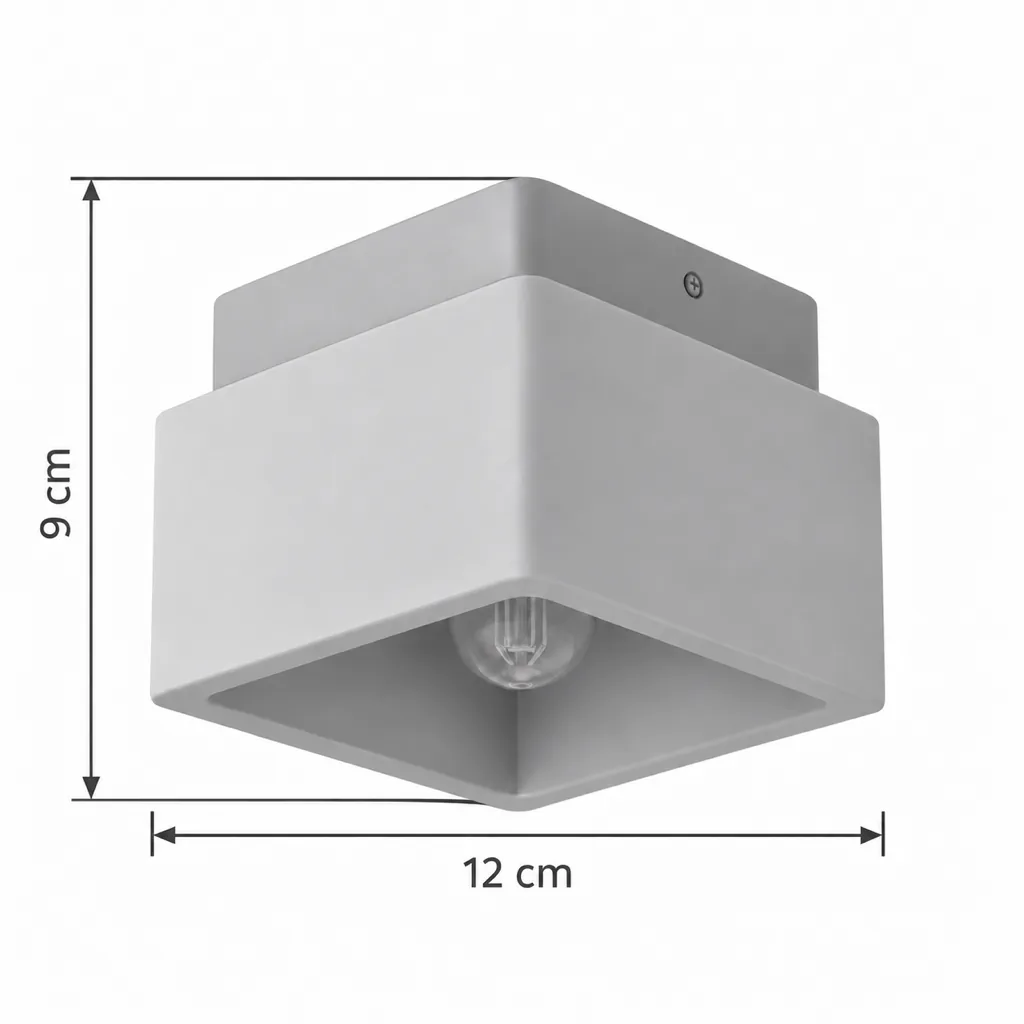Deckenlampe RUDO, kompakter Travertin-Würfel auf Holzsockel – Masszeichnung Breite 12 cm, Höhe 9 cm