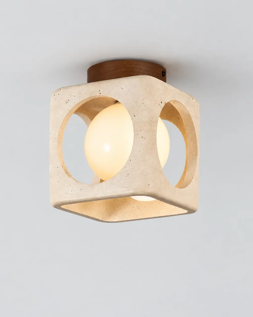 Deckenlampe ZALO, Travertin-Würfel mit Opalglaskugel – Travertin, Produktfoto