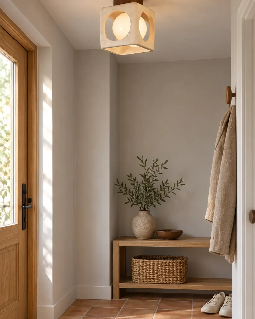 Deckenlampe ZALO, Travertin-Würfel mit Opalglaskugel – im Eingangsbereich über einem Holzregal, Tageslicht