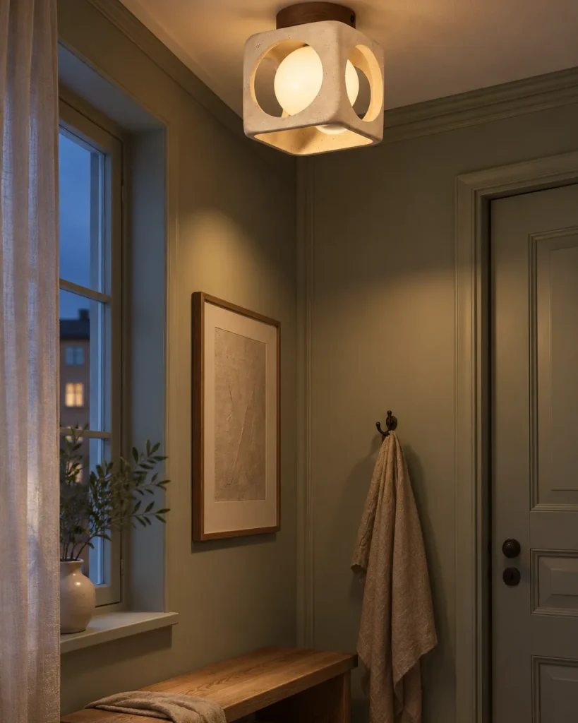 Deckenlampe ZALO, Travertin-Würfel mit Opalglaskugel – im Eingangsbereich mit Holzbank und grüner Wand, Abendlicht