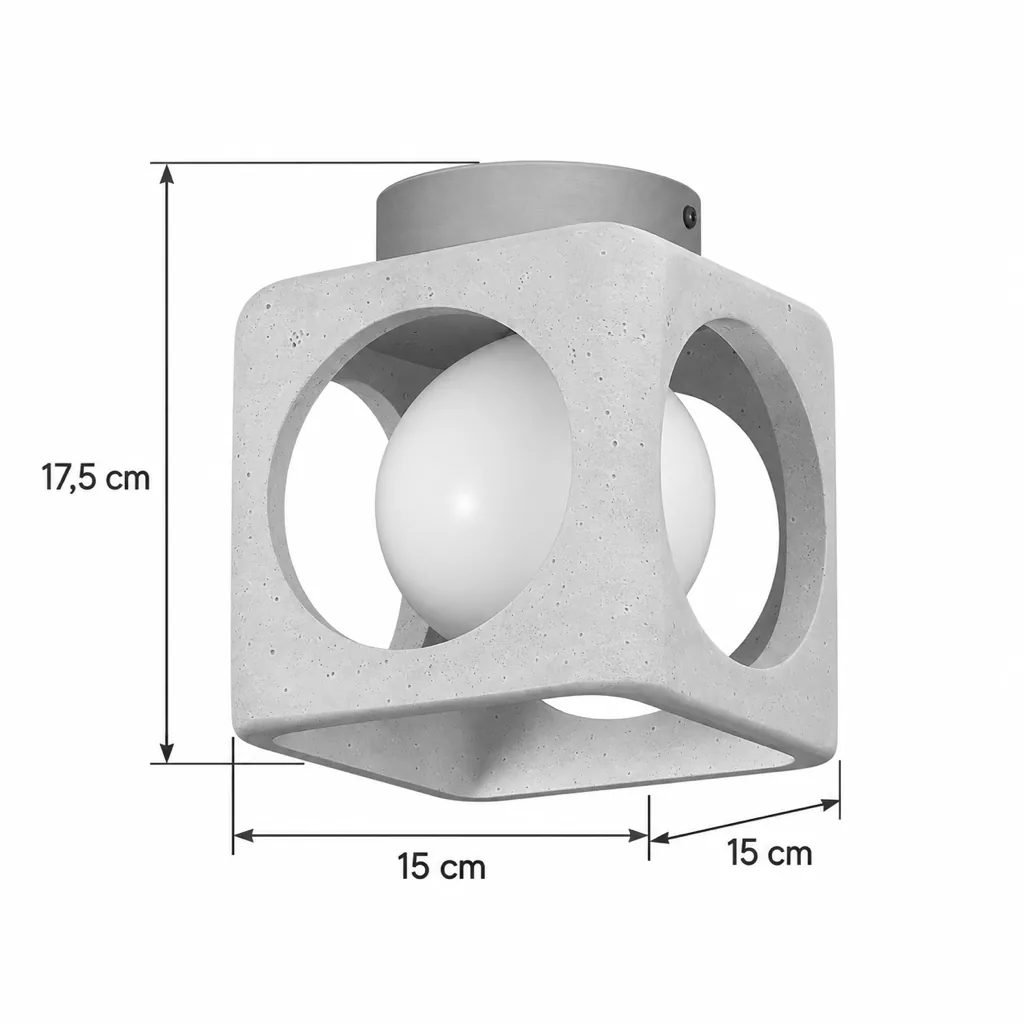 Deckenlampe ZALO, Travertin-Würfel mit Opalglaskugel – Masszeichnung 15 x 15 cm, Höhe 17,5 cm