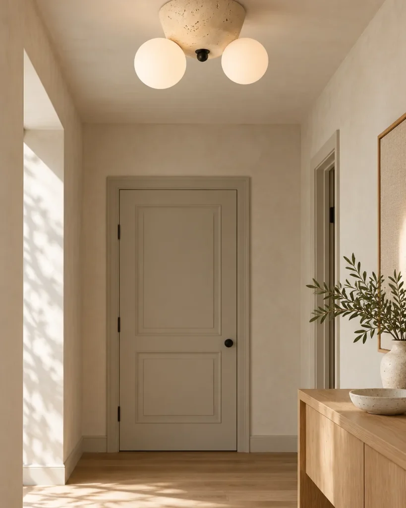 Deckenlampe VOLA, Travertin-Schale mit zwei Glaskugeln – im Flur über einer Konsole aus Eiche, Tageslicht
